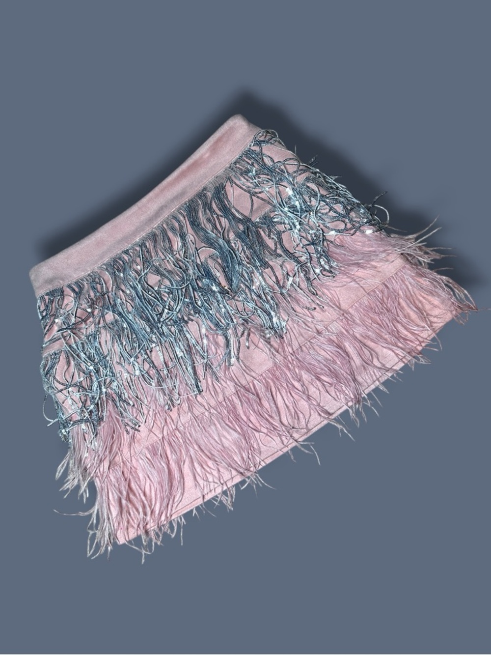 NWT Blue B Pink and Silver Fringe Faux Suede Mini Skirt in Light Pink. Size Med - Picture 2 of 9